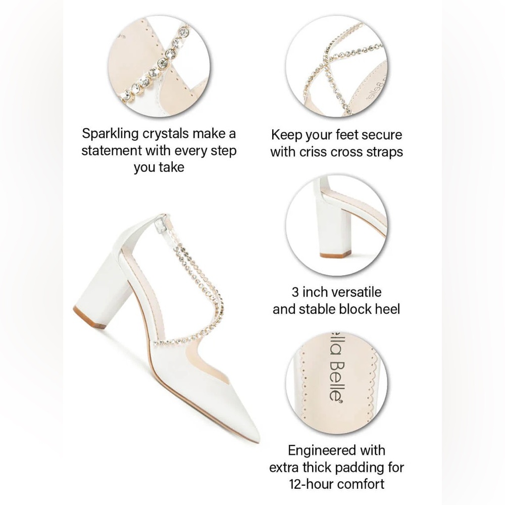 Bella Belle MASSIE Ivory Block Heel With Criss Cross Crystal Straps Silk | 7.5 - Picture 13 of 13
